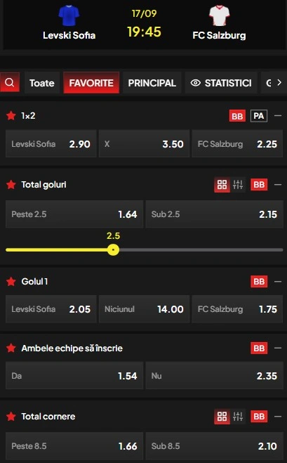 Cote pariuri Levski Sofia vs RB Salzburg