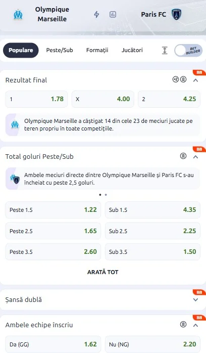 Cote pariuri Marseille vs Paris FC