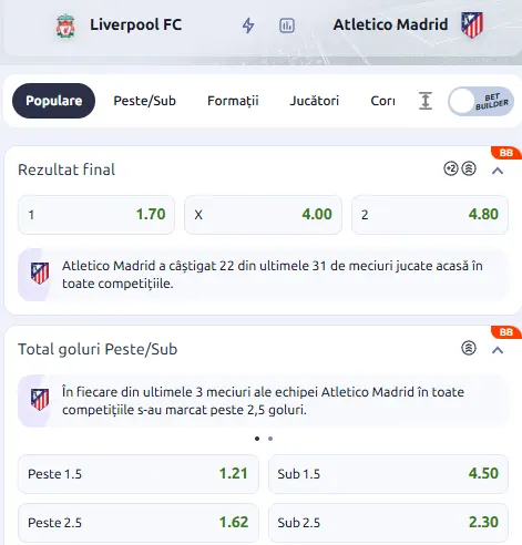 Oferta de cote pariuri Liverpool vs Atletico Madrid la Betano