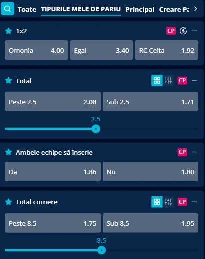 Cote pariuri Omonia Nicosia vs Celta Vigo