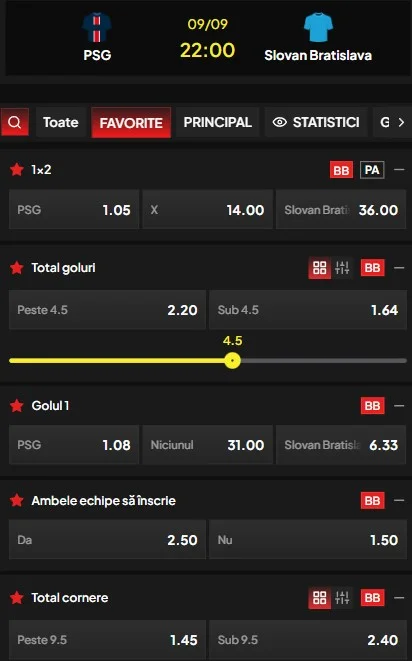 Cote pariuri PSG vs Slovan Bratislava