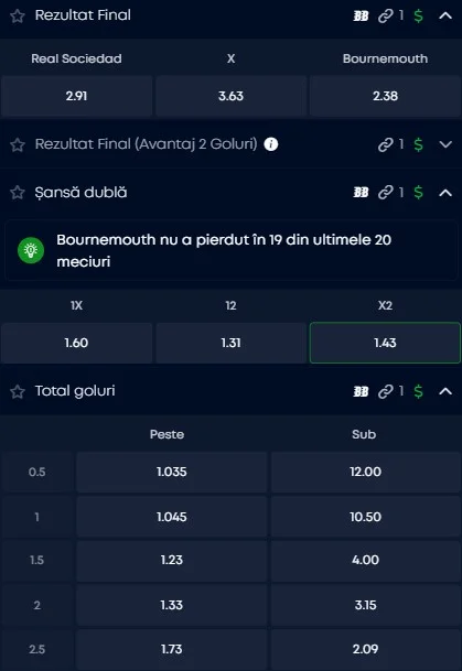 Cote pariuri Real Sociedad vs Bournemouth