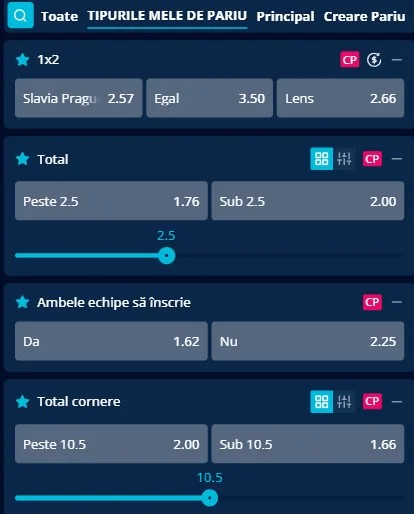 Cote pariuri Slavia Praga vs Lens