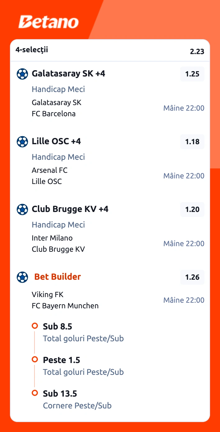 Biletul zilei din fotbal la Betano, 13 octombrie. Pariuri speciale la 4 meciuri din Champions League