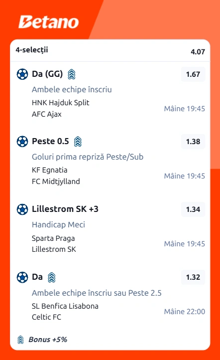 Biletul zilei la Betano din Europa și Conference League, 15 octombrie 2026