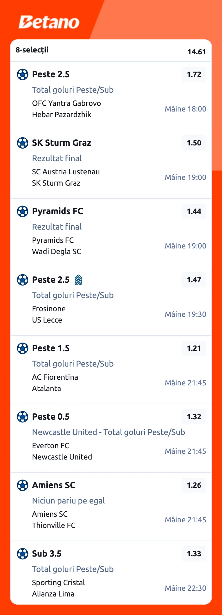 Biletul zilei la Betano din fotbal, 29 octombrie 2026. Formăm o cotă de 14.60 pe goluri și favorite