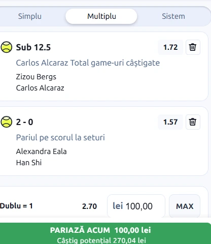 Biletul zilei tenis 12 octombrie 2026 la Betano