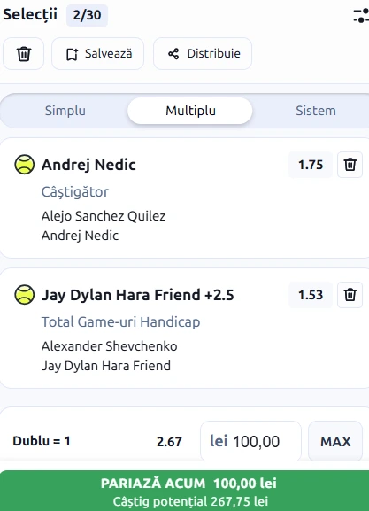Biletul zilei tenis 14 octombrie 2026