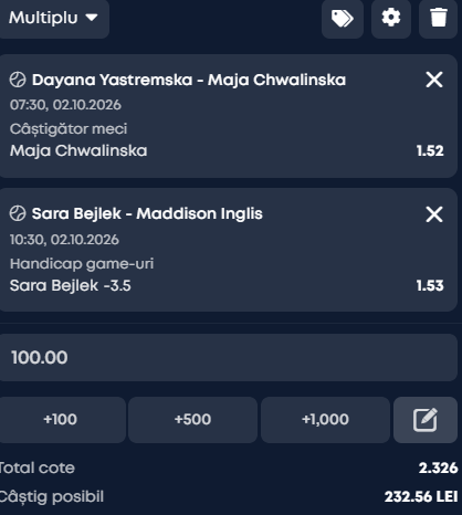 Biletul zilei tenis 2 octombrie 2026 la VictoryBet