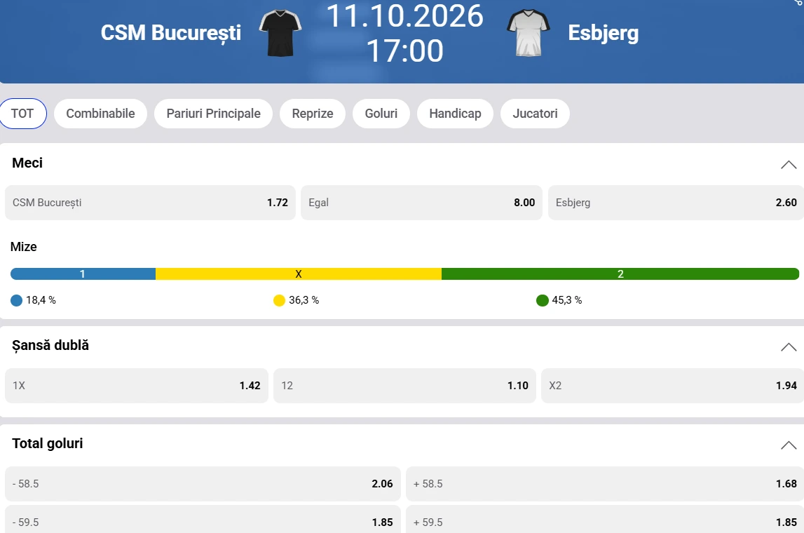 Cote Pariuri CSM București vs Esbjerg