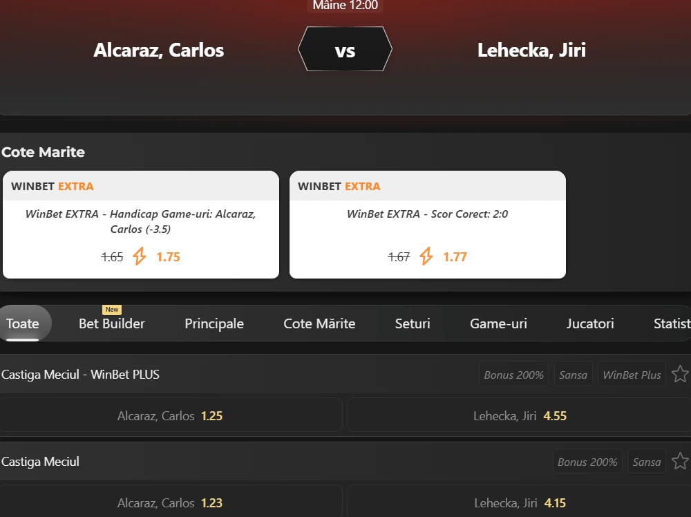 Cote Pariuri Carlos Alcaraz vs Jiri Lehecka