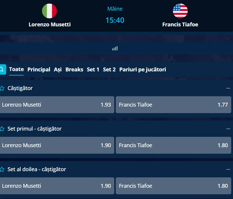 Cote Pariuri Lorenzo Musetti vs Frances Tiafoe