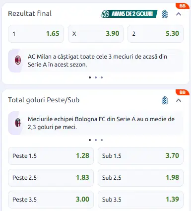 Cote pariuri AC Milan vs Bologna la Betano