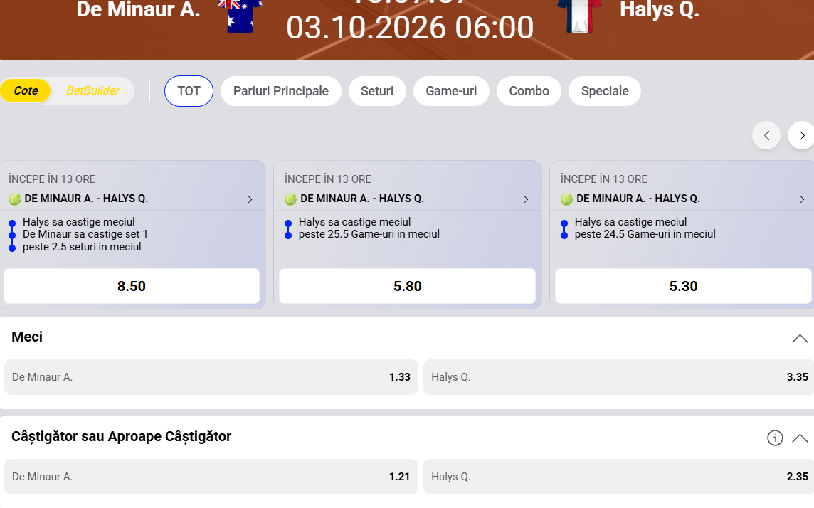 Cote pariuri Alex de Minaur vs Quentin Halys