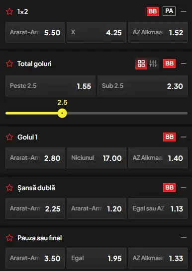 Cote pariuri Ararat-Armenia vs AZ Alkmaar la TopBet