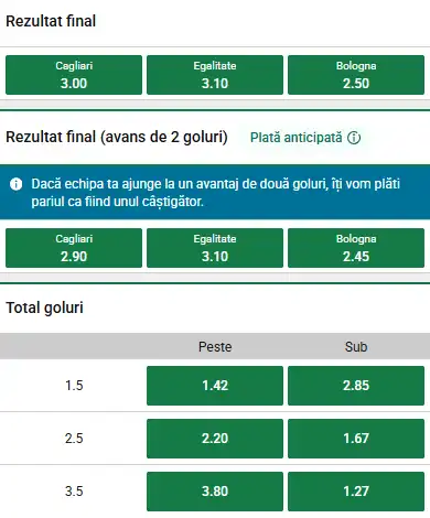 Cote pariuri Cagliari vs Bologna la Unibet