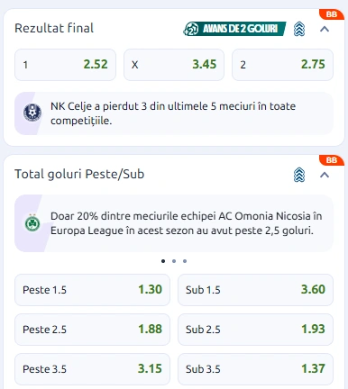Cote pariuri Celje vs Omonia Nicosia la Betano