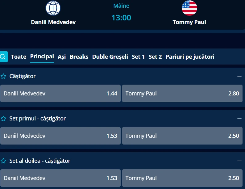 Cote pariuri Daniil Medvedev vs Tommy Paul