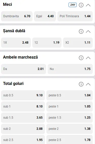 Cote pariuri Dumbravita vs Poli Timisoara la Casa Pariurilor