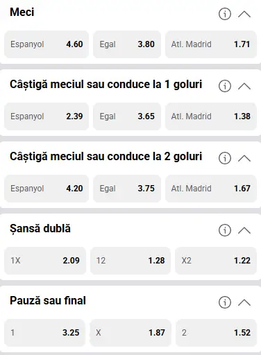 Cote pariuri Espanyol vs Atletico Madrid la Fortuna