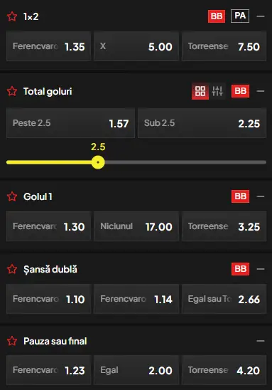 Cote pariuri Ferencvaros vs Torreense la TopBet
