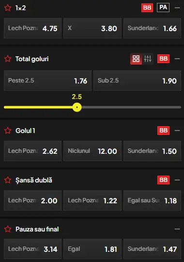 Cote pariuri Lech Poznan vs Sunderland la TopBet