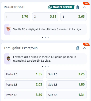 Cote pariuri Levante vs Sevilla la Betano