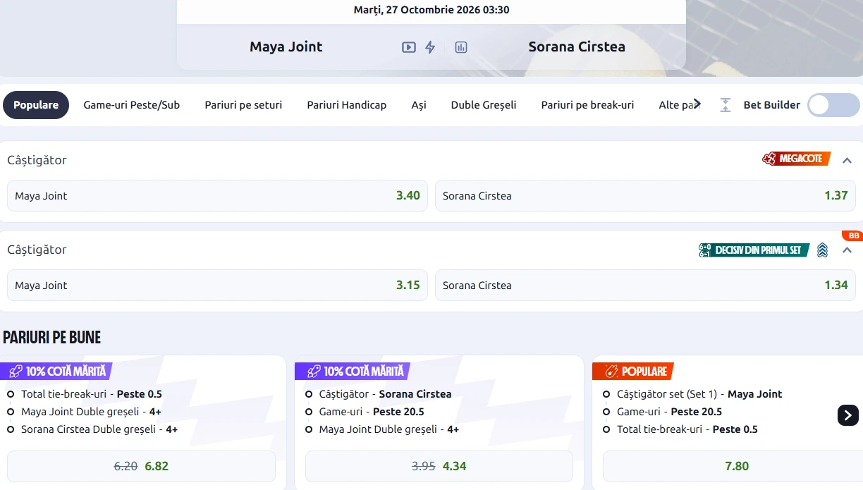 Cote pariuri Maya Joint vs Sorana Cîrstea
