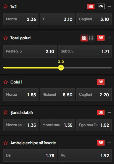 Cote pariuri Monza vs Cagliari la TopBet