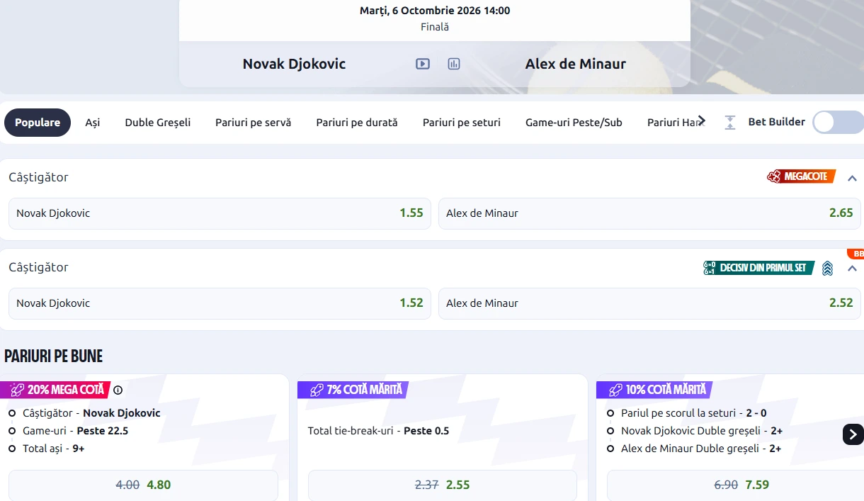 Cote pariuri Novak Djokovic vs Alex de Minaur