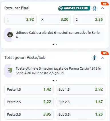 Cote pariuri Parma vs Udinese la Betano