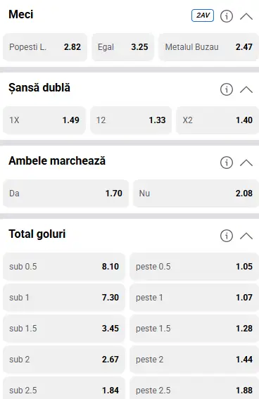 Cote pariuri Popesti Leordeni vs Metalul Buzau la Casa Pariurilor