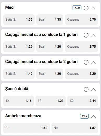 Cote pariuri Real Betis vs Osasuna la Casa Pariurilor