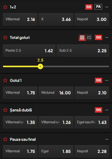 Cote pariuri Villarreal vs Napoli la TopBet
