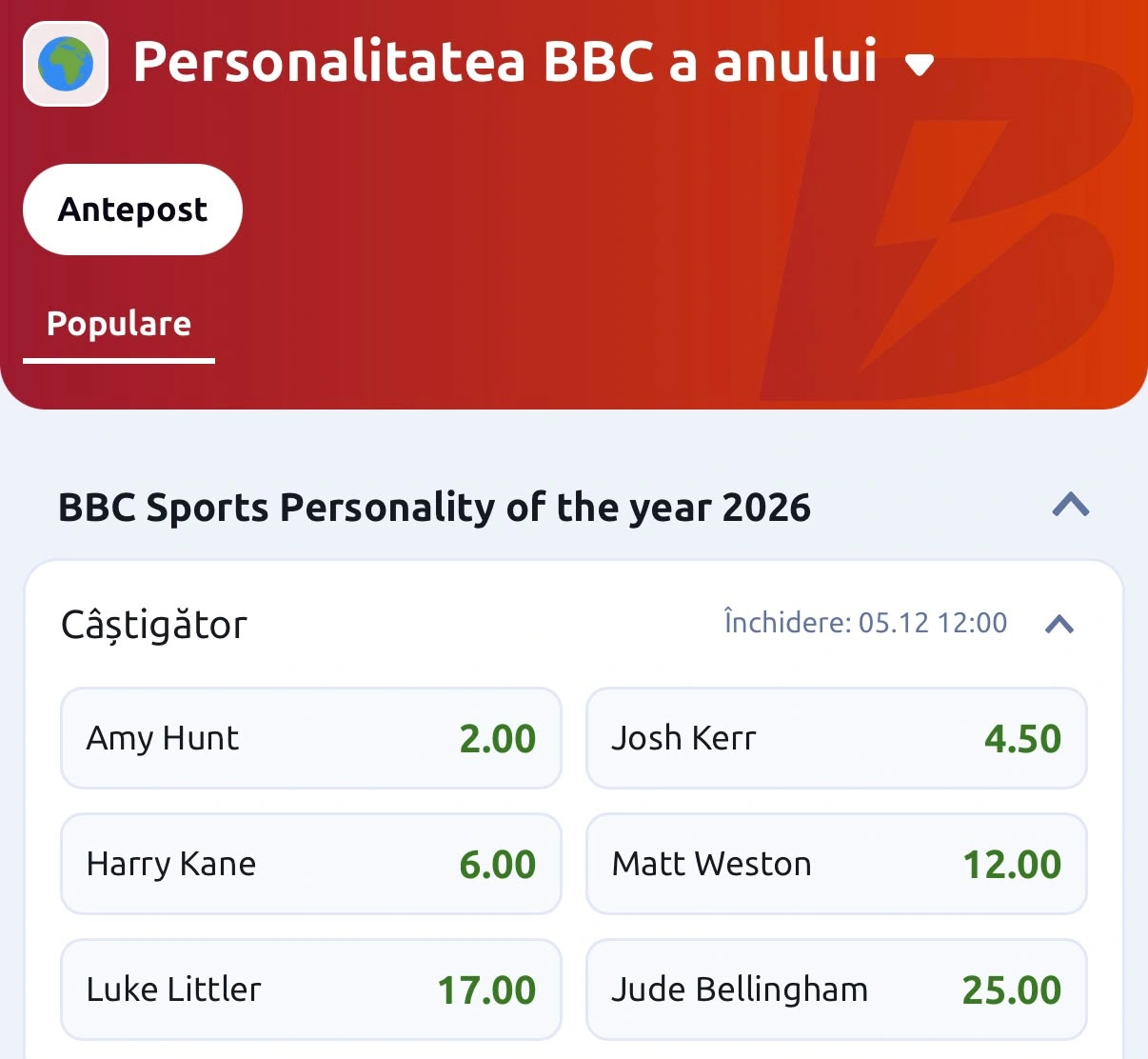 Cote pariuri favoriți BBC Personalitatea Sportivă a Anului 2026 la Betano
