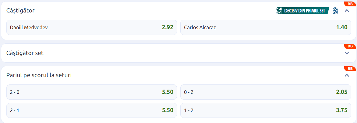 Cote pariuri la Betano  Daniil Medvedev vs Carlos Alcaraz, spaniolul are de luat o revanșă în fața oponentului rus, în semifinalele de la ATP Vienna Open 2026