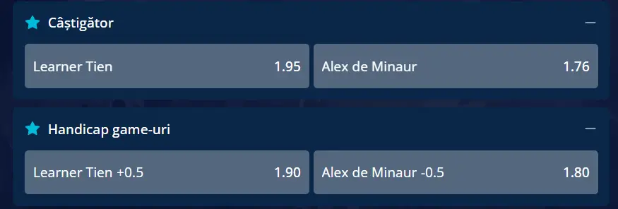 Cote pariuri la Mr Bit  Learner Tien vs Alex De Minaur, echilibru total și-n teren și ”pe hârtie” între american și australian în ”optimi” la Vienna Open 2026