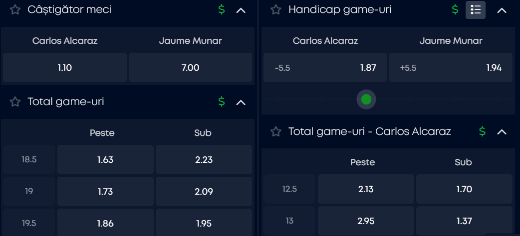 Cote pariuri la VictoryBet  Carlos Alcaraz vs Jaume Munar, diferență mare pe ”hârtie”, dar se va simți și pe teren în semifinala de la Tokyo Japan Open 2026