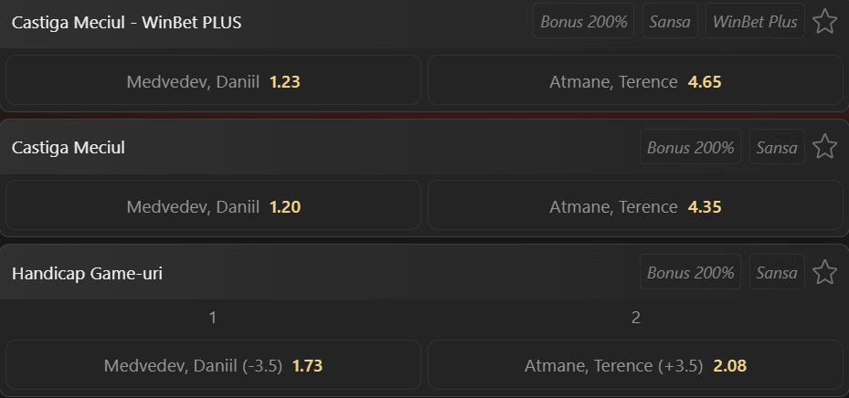 Cote pariuri la WinBet  Daniil Medvedev vs Terence Atmane, rusul își merită statutul de mare favorit în faza sferturilor de finală de la Almaty Open 2026