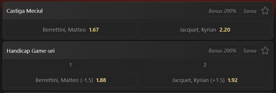Cote pariuri la WinBet  Matteo Berrettini vs Kyrian Jacquet, italianul e ușor favorit pe hârtie dar ar putea fi surprins de francez la Lyon Open 2026