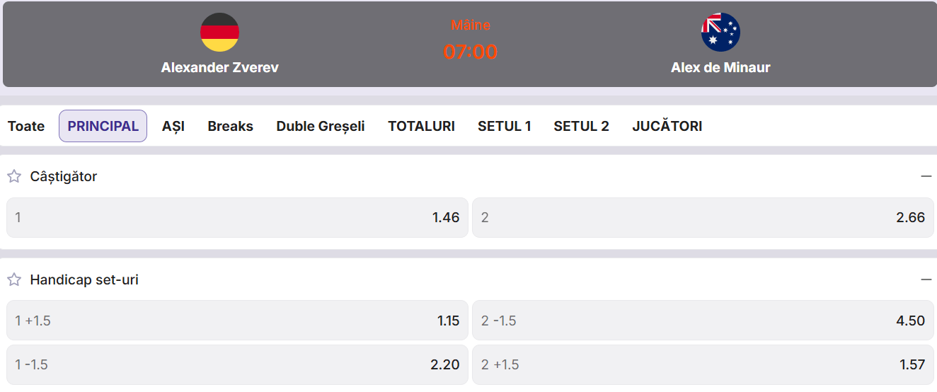 Cote pariuri la Zinx  Alexander Zverev vs Alex De Minaur, neamțul pornește cu prima șansă dar ar putea fi surprins de australian în ”sferturile de la Shanghai