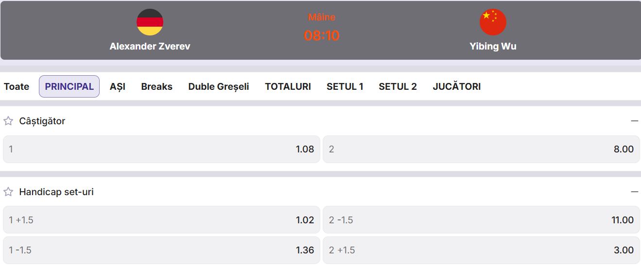 Cote pariuri la Zinx  Alexander Zverev vs Yibing Wu, ne putem aștepta la un duel mai echilibrat decât ne-o arată cotele în turul doi de la Shanghai Open 2026