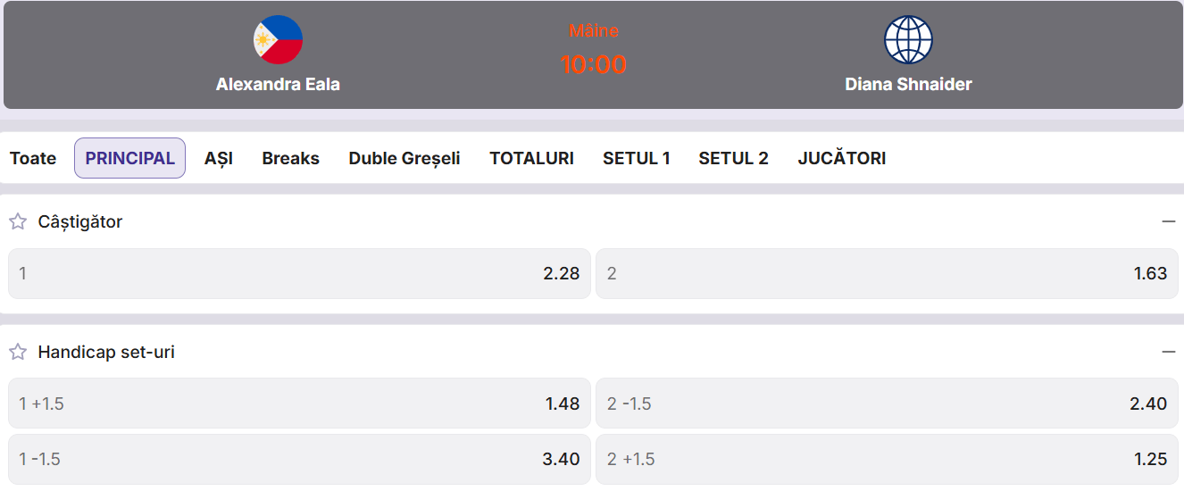 Cote pariuri la Zinx  Alexandra Eala vs Diana Shnaider, se anticipează o nouă partidă echilibrată în faza sferturilor de finală de la Tokyo Japan Open 2026