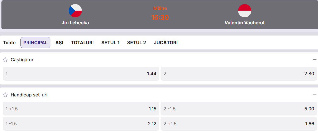 Cote pariuri la Zinx  Jiri Lehecka vs Valentin Vacherot, cehul pornește din postura de favorit, dar va avea adversar dificil în finala de la Basel Open 2026