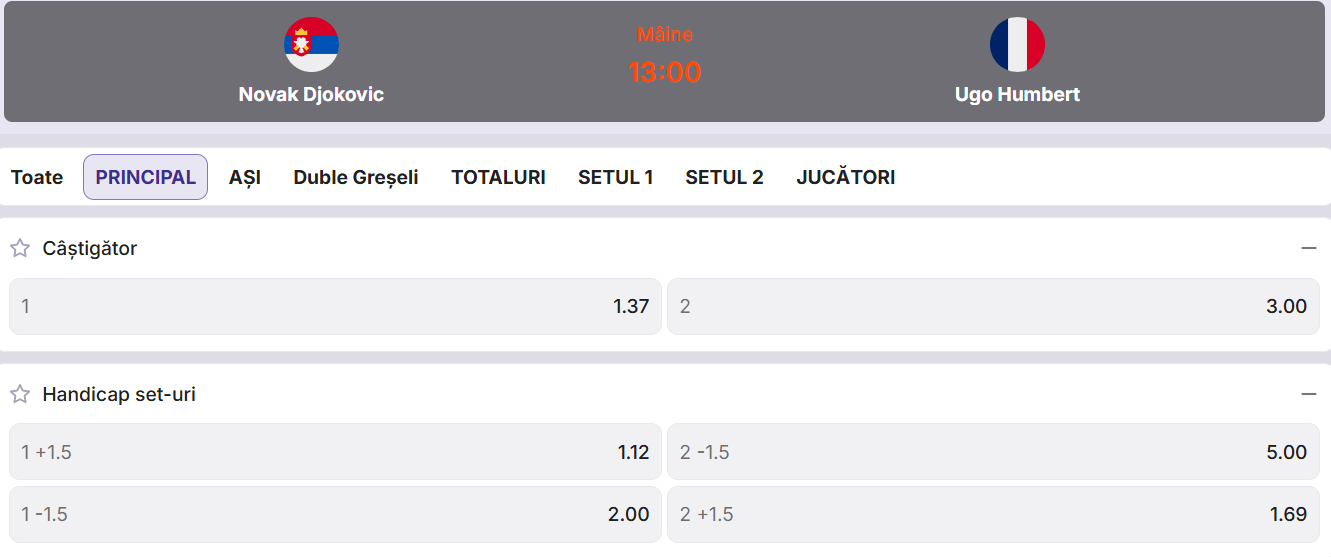 Cote pariuri la Zinx  Novak Djokovic vs Ugo Humbert, sârbul poate profita de forma de moment mai slabă a francezului în primul tur de la Basel Open 2026