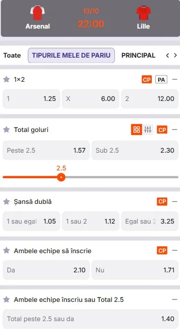 Cote pariuri Arsenal - Lille