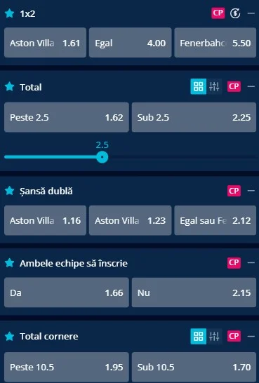 Cote pariuri Aston Villa vs Fenerbahce