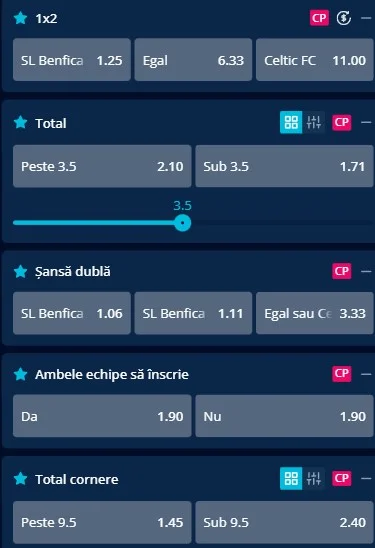 Cote pariuri Benfica vs Celtic