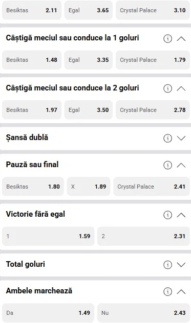 Cote pariuri Besiktas - Crystal Palace