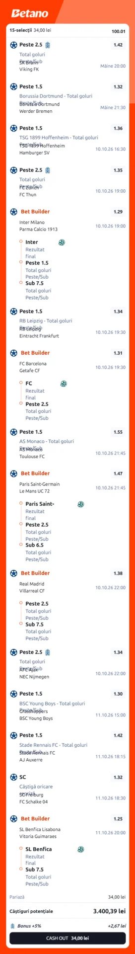 Bilet în cotă mare din fotbal la Betano 09.10.2026